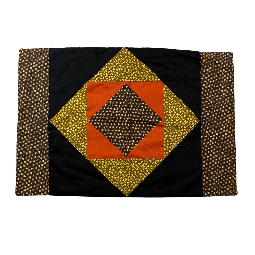 VTG Quilted Place Mat Standard 18x12 Brown Orange Diamond Patchwork Handmade